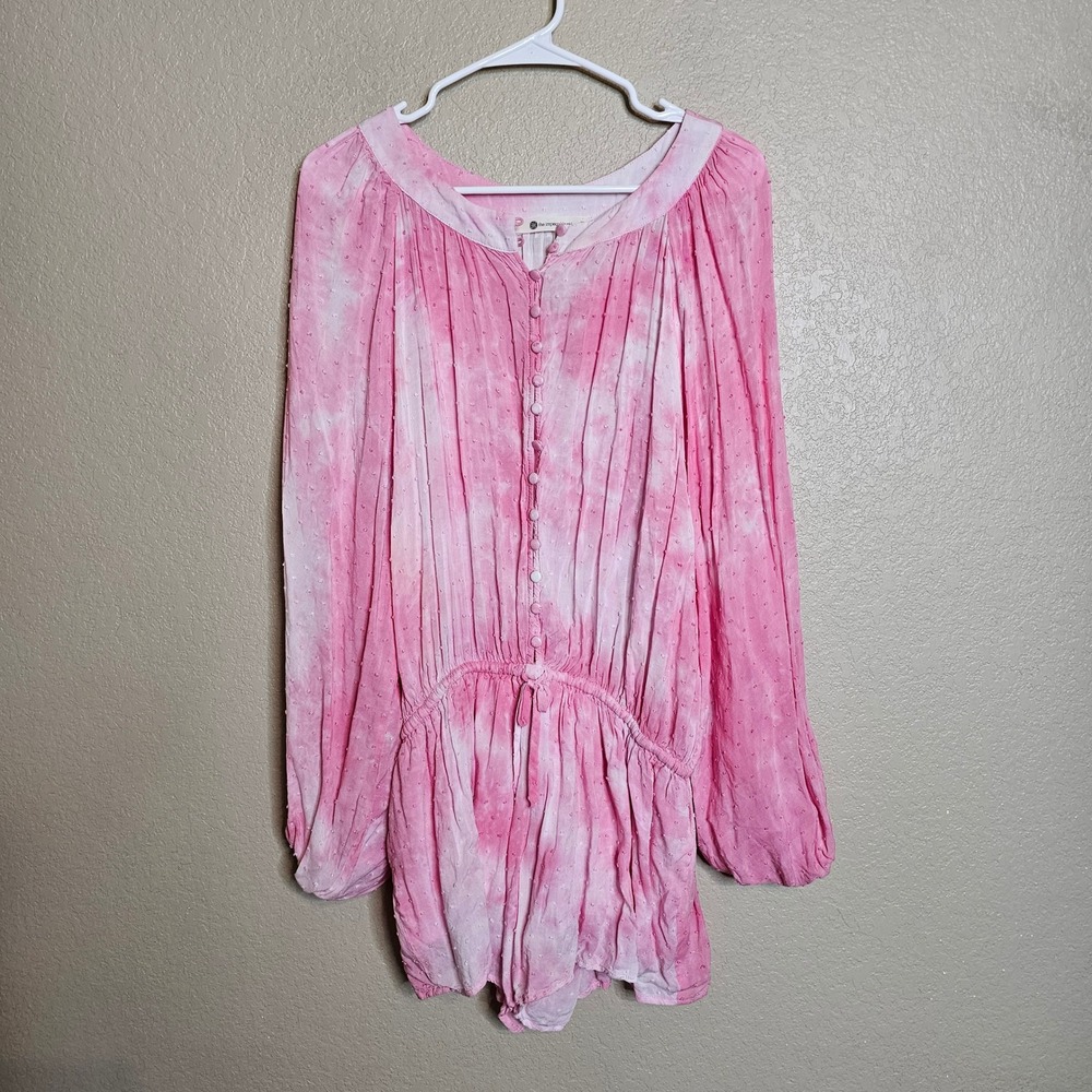 The Impeccable Pig Pink Tie Dye Swiss Dot Button Front Romper Large long Sleeve